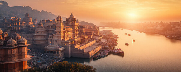 Golden sunrise over udaipur city palace and lake pichola india travel destination