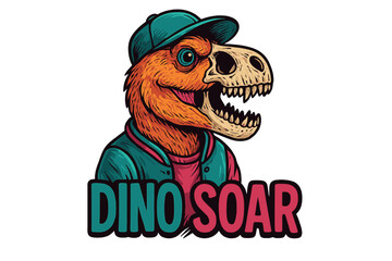 Colorful dinosaur character wearing a cap and jacket with a playful expression, showcasing a fun design concept