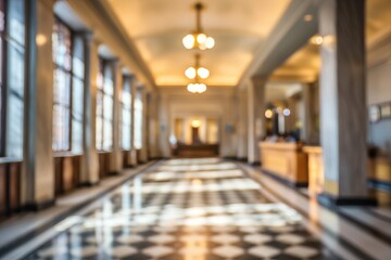 Fototapeta premium Bright bank hallway with elegant chandeliers and polished floors, showcasing a blurred view of an inviting interior during daylight hours