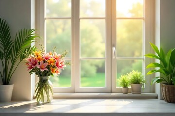 Sunlit Room with Fresh Flowers, Green Plants, and Open Windows Airy, Clean, and Fresh Spring Home Decor