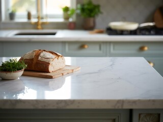 Fresh Bread on Marble Counter: A loaf of rustic bread rests on a wooden cutting board atop a gleaming marble kitchen counter, bathed in soft light from a nearby window.