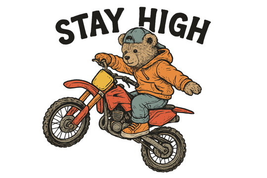 Cartoon bear riding a dirt bike while wearing a hoodie and cap, playfully showcasing its stunts outdoors