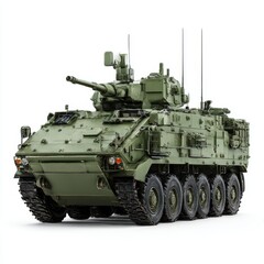 Modern green armored personnel carrier with a large cannon isolated on white background