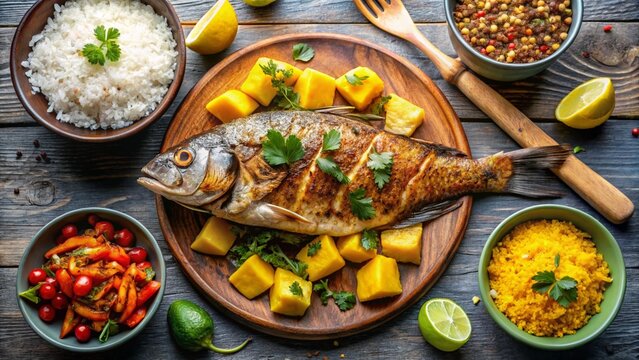 Samak Mashwi &ndash; Oman
Whole grilled fish with Omani spices, lemon wedges, rice, and spicy mango chutney.