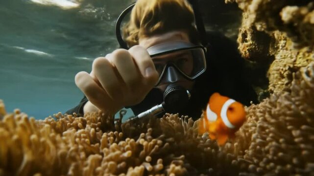 Underwater observer with clownfish anemone