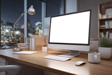 Fototapeta premium Contemporary office desk setup with a blank screen computer showcasing a modern workspace during nighttime in an urban environment