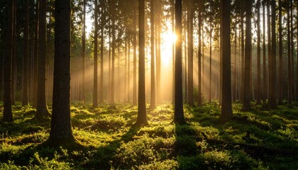 Obraz premium Sunrise in a misty forest