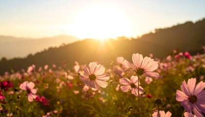 Sunrise over a cosmos flower field