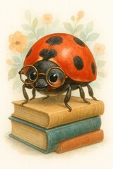 Fototapeta premium Charming Ladybug with Glasses Sitting on Books and Smiling