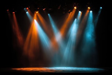 Performance stage illuminated with vibrant colored lights and shadows creating an engaging atmosphere for theater or concert events