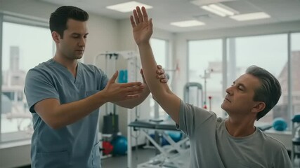 Physical therapist assisting patient with arm exercise - Powered by Adobe