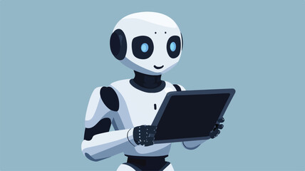 Futuristic AI Humanoid Robot Using Tablet in Simple Flat Vector