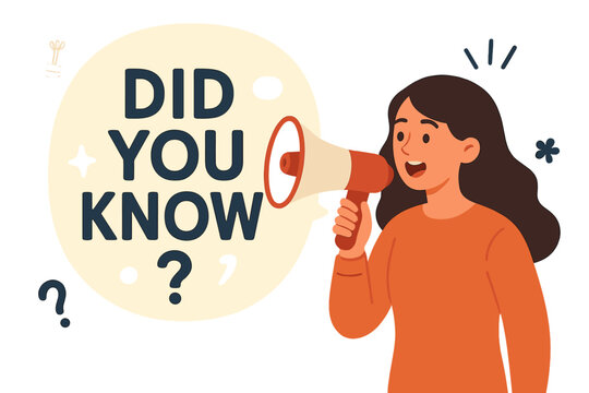Did you know fun fact concept. Woman with megaphone sharing useful knowledge or wisdom. Expert information, advice message, explanation or solution. Useful tips vector illustration.