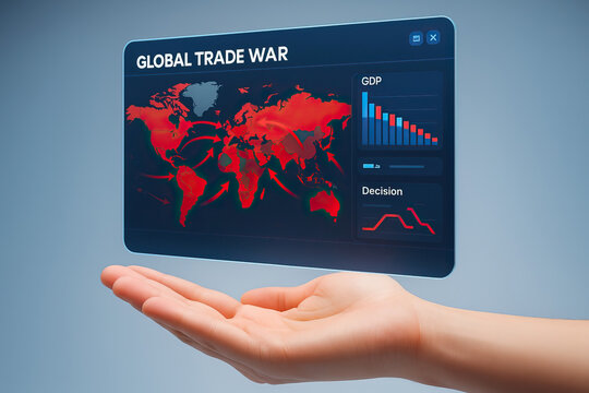 Global trade war impact shown on digital world map with tariff effects and economic decision data displayed above open hand symbolizing control and influence in international trade conflict