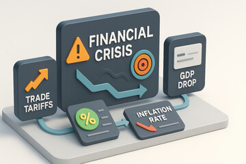 Financial crisis impact shown with trade tariffs and inflation rate affecting GDP drop in economic trade war scenario with percentage and arrow symbols illustrating downturn