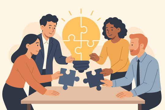 Teamwork and collaboration concept. Diverse business people in a meeting brainstorming and connecting puzzle pieces of a light bulb. Innovation, problem-solving, creative idea.