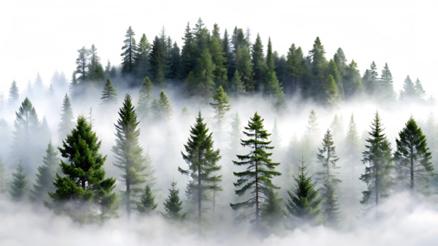 Dense evergreen pine forest shrouded in thick white mist with visible branches and foliage isolated on a transparent background