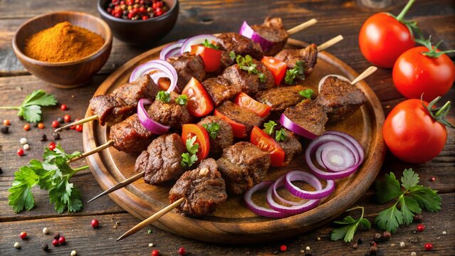 Suya &ndash; Nigeria
Spicy grilled beef skewers with suya spice, onions, tomato slices, and yaji powder.