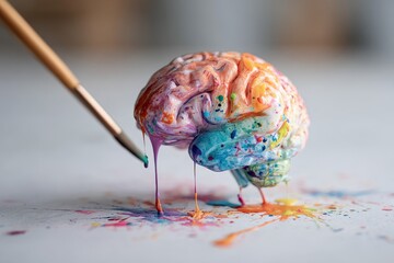 Creative human brain splattered with vibrant colors, expressing the concept of imagination and artistic thinking in a lively, abstract style