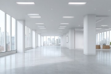 Fototapeta premium Modern empty office interior with expansive city views in the heart of a bustling urban center during daylight hours