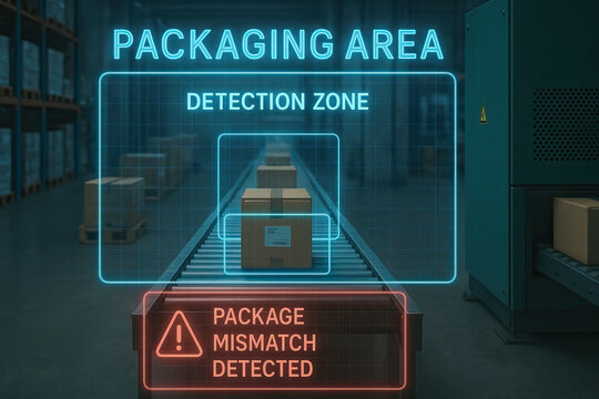 Packaging area detection zone with package mismatch alert on conveyor belt in warehouse environment