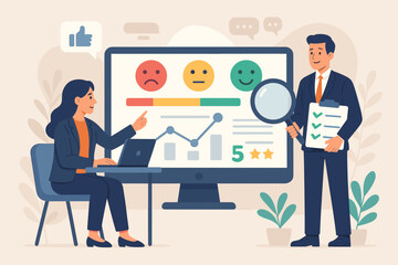 Sentiment analysis of customer feedback for brand reputation. Business people analyze user experience, social voice, ratings, and opinion reports. Survey satisfaction concept.