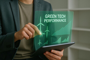Green technology performance concept with digital interface showing wind turbine icons and growth charts held by person in business casual outfit