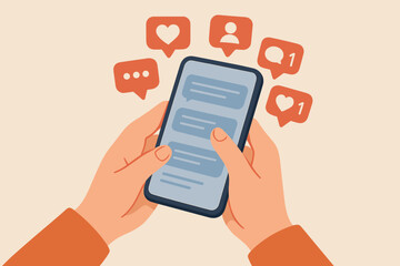 Hands holding a smartphone with social media notifications. Like, comment, follower icons. Digital communication, online chatting, mobile app and internet engagement concept.