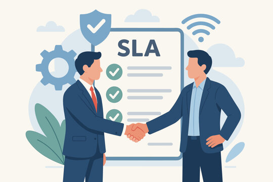 SLA Service Level Agreement concept with businessmen handshake. Support contract commitment for service uptime, availability, and problem resolution. Partnership guarantee and deal.