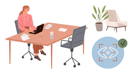 Woman seated at desk using laptop, surrounded by office decor including plant, chairs, and focus target icon. Ideal for productivity, remote work, focus, project management, workplace design