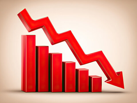 Red bar chart with downward arrow showing negative trend and economic decline, symbolizing financial loss and decreasing performance in business or market
