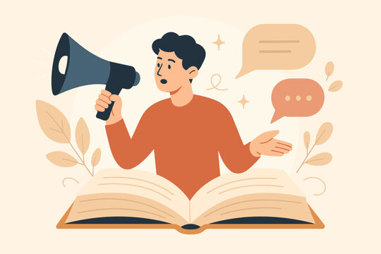 Storytelling to communicate a brand story. Man with megaphone speaks from an open book. Narrative message for content marketing, advertising creativity, or public relations.