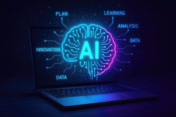 Glowing Artificial Intelligence Brain Displayed On Laptop Screen technology
