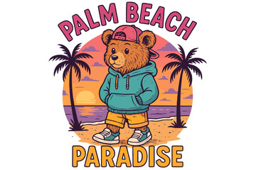 Charming teddy bear in casual attire enjoying sunset at a beach in Palm Beach