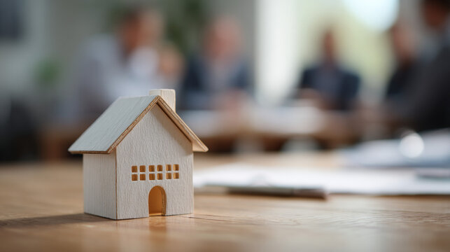 Focused photo of a house model with agents in the background gathering data for real estate investment decisions