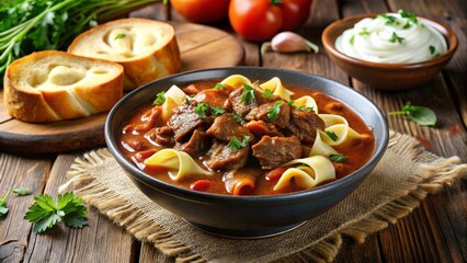 Goulash – Hungary
Beef stew in paprika-rich broth, served with noodles or bread, garnished with sour cream