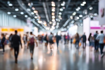 Crowds navigating through an expo or convention hall filled with booths and a vibrant atmosphere during a bustling event