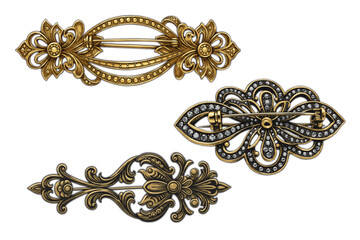 Obraz premium Antique gold brooches with intricate details evoke vintage style and timeless elegance, suitable for various design projects or ornamental applications.