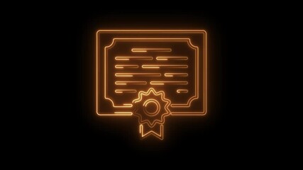 Glowing orange neon certificate with seal on black background animation award template