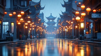 Rainy Asian street scene, illuminated by lanterns