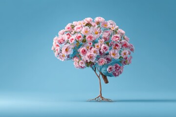 Human brain shaped tree blossoming with flowers symbolizes self-care and mental well-being in a serene blue background setting