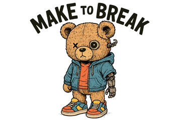 Unique bear character with robotic arm and stylish clothing in an urban setting