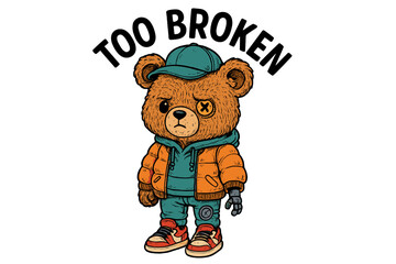 Bear character in orange jacket with mechanical arm and playful style against a bold text background