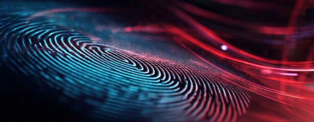 The fingerprint illuminated by vibrant digital waves in a technological landscape.