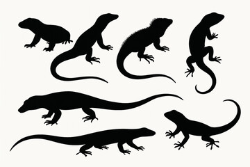 Naklejka premium Set of Big Lizard Silhouettes Vector on White Background — Reptile Icons Collection