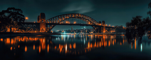 Naklejka premium Illuminated sydney harbour bridge reflection at night displaying stunning city lights