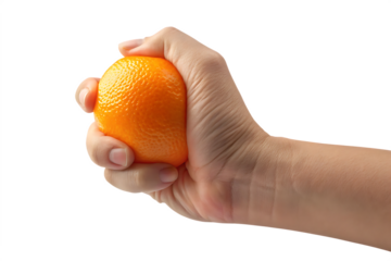a hand squeezing an orange stress ball isolated on white background PNG, AI GENERATED
