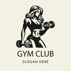 Fototapeta premium Black and white flat vector logo of a sporty woman lifting dumbbells. Great for fitness studios, personal coaching, gym branding, and wellness campaigns.