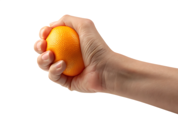 a hand squeezing an orange stress ball isolated on white background PNG, AI GENERATED