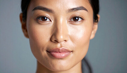 Close-up portrait of a young Asian woman with smooth skin looking directly at the camera with a gentle smile.